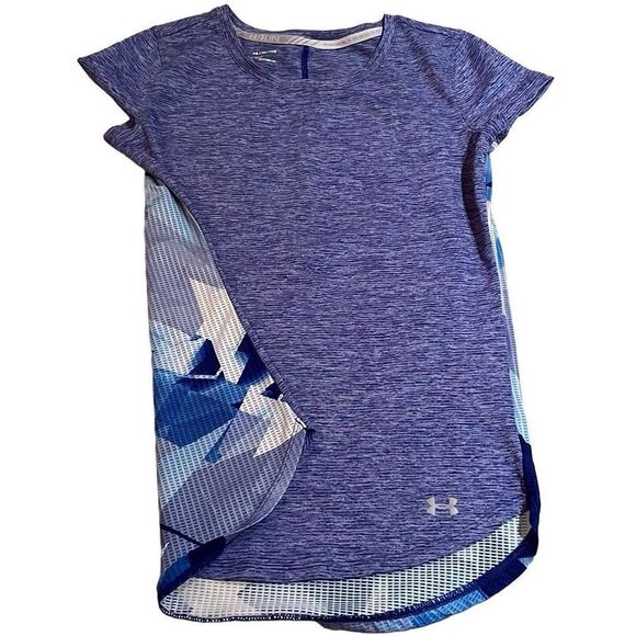 EUC! Under Armour Women’s Purple Heather Front Blue White Print Mesh Back Short - Picture 1 of 9